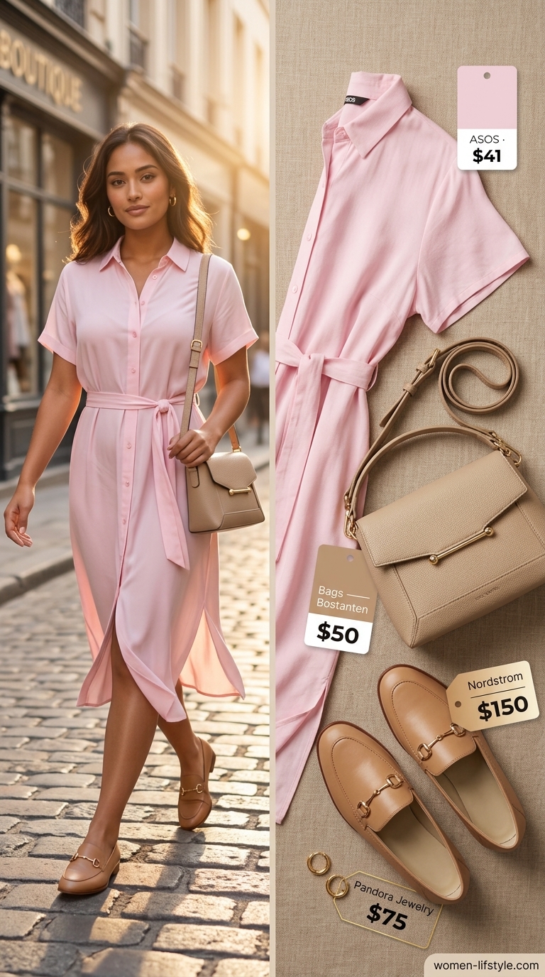Soft tone pastel summer outfits for women 2026: Peach shirtdress with beige loafers and gold hoops for a casual day out.
