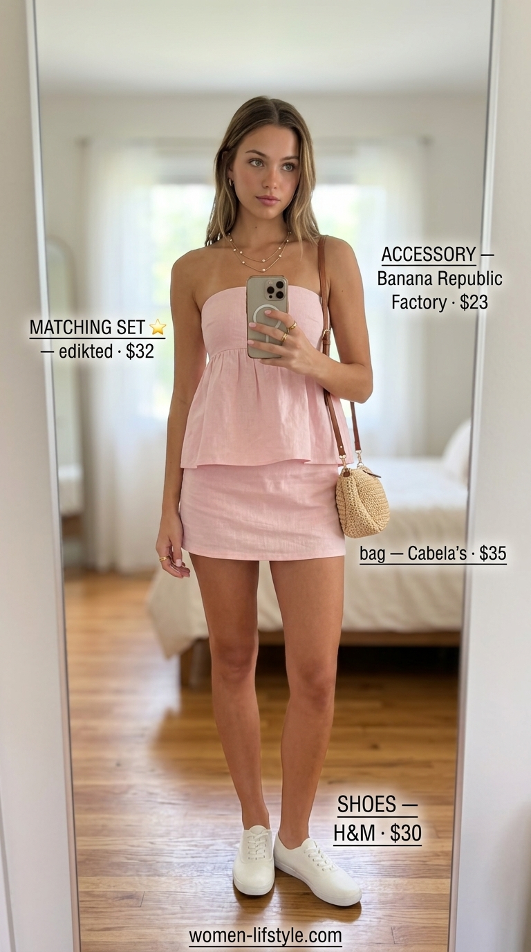 Blush pink linen mini skirt set with white sneakers for soft tone pastel summer outfits for women 2026.