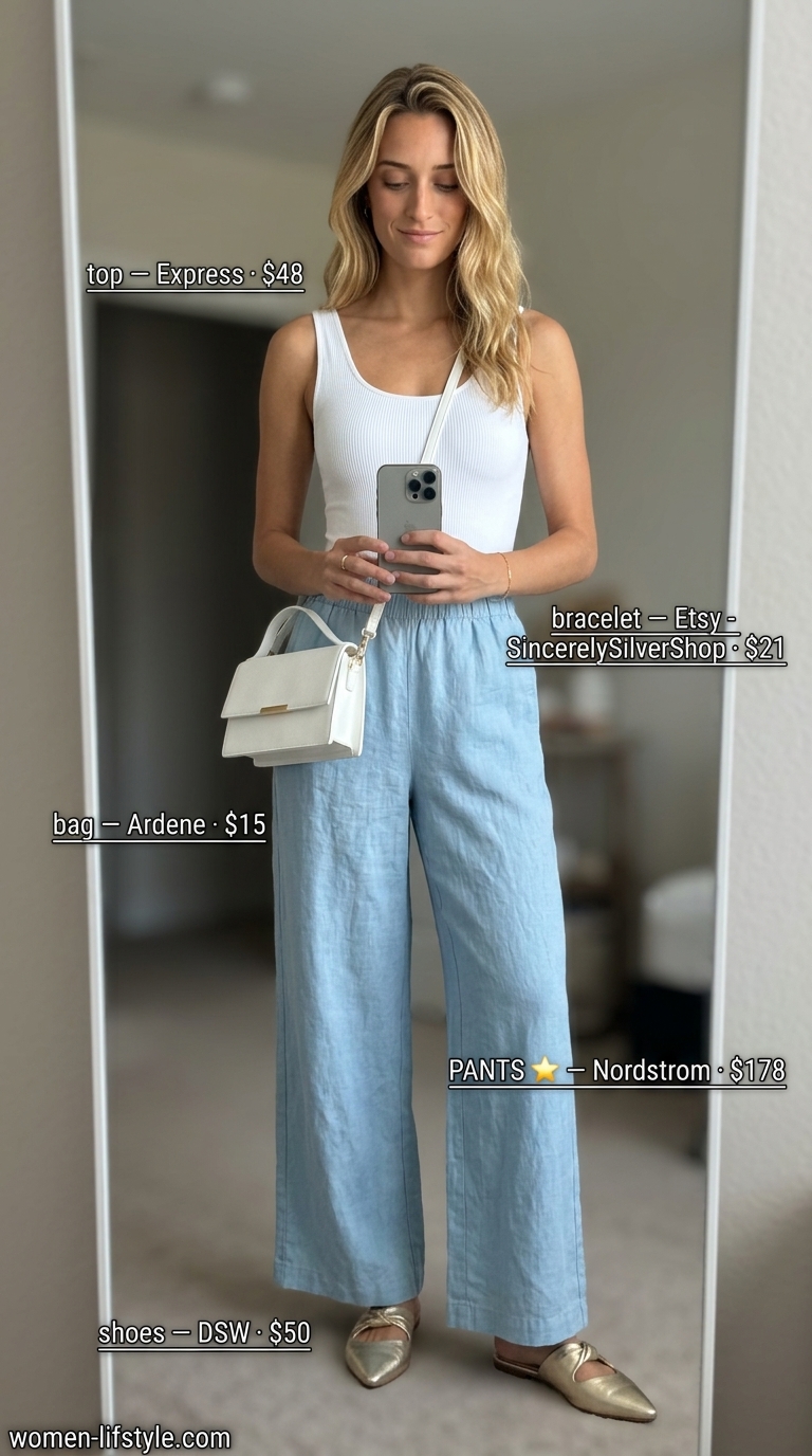 Soft tone pastel summer outfits for women 2026: Powder blue wide leg pants with white bodysuit, gold mules, and crossbody bag.