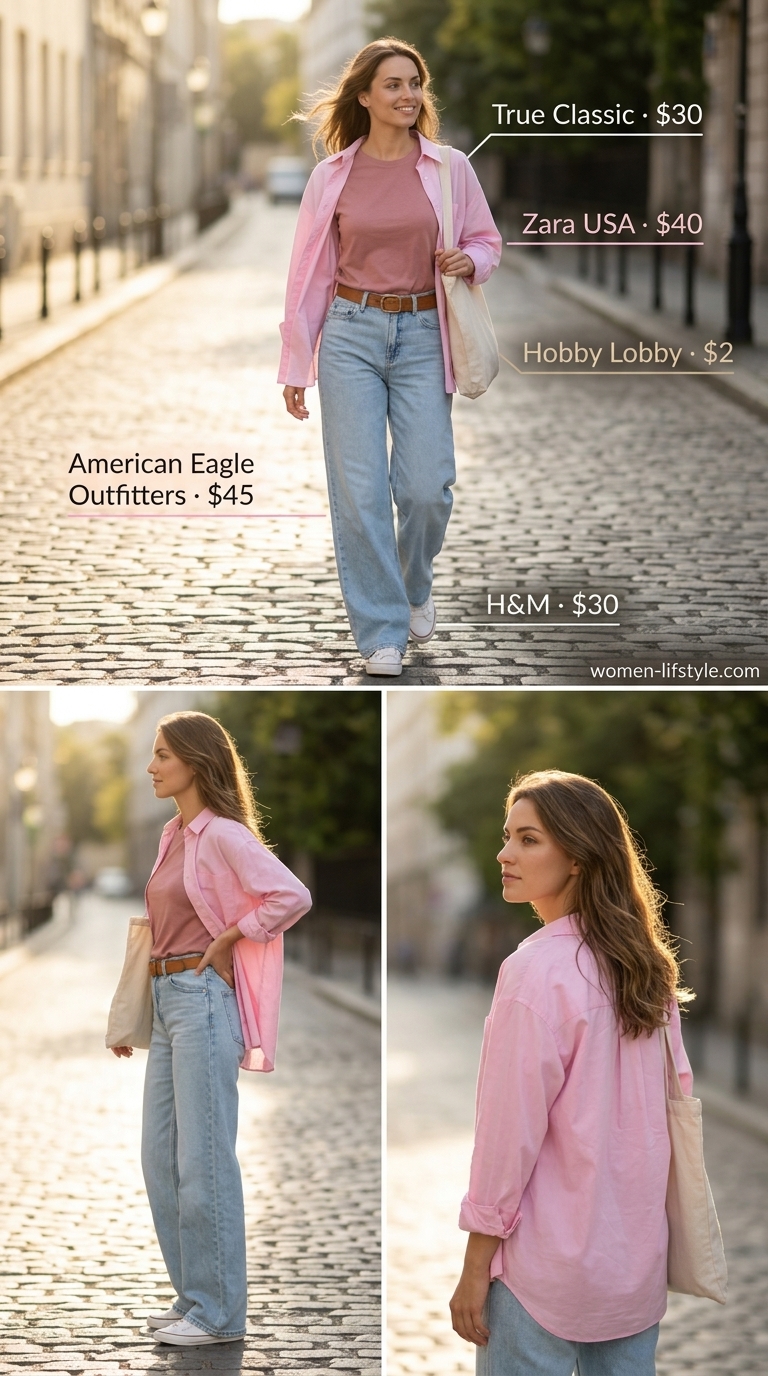 Soft tone pastel summer outfits for women 2026: Sky blue wide leg jeans with white tee, pink oversized shirt, and canvas tote.