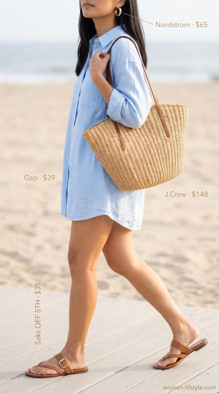 Soft tone pastel summer outfits for women 2026: Pale sky blue linen set with tan slides and gold earrings for a relaxed brunch.