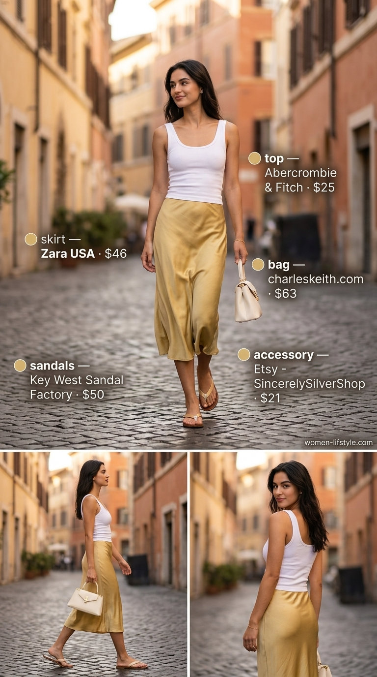 Butter yellow slip skirt with white tank and sandals for soft tone pastel summer outfits for women 2026.