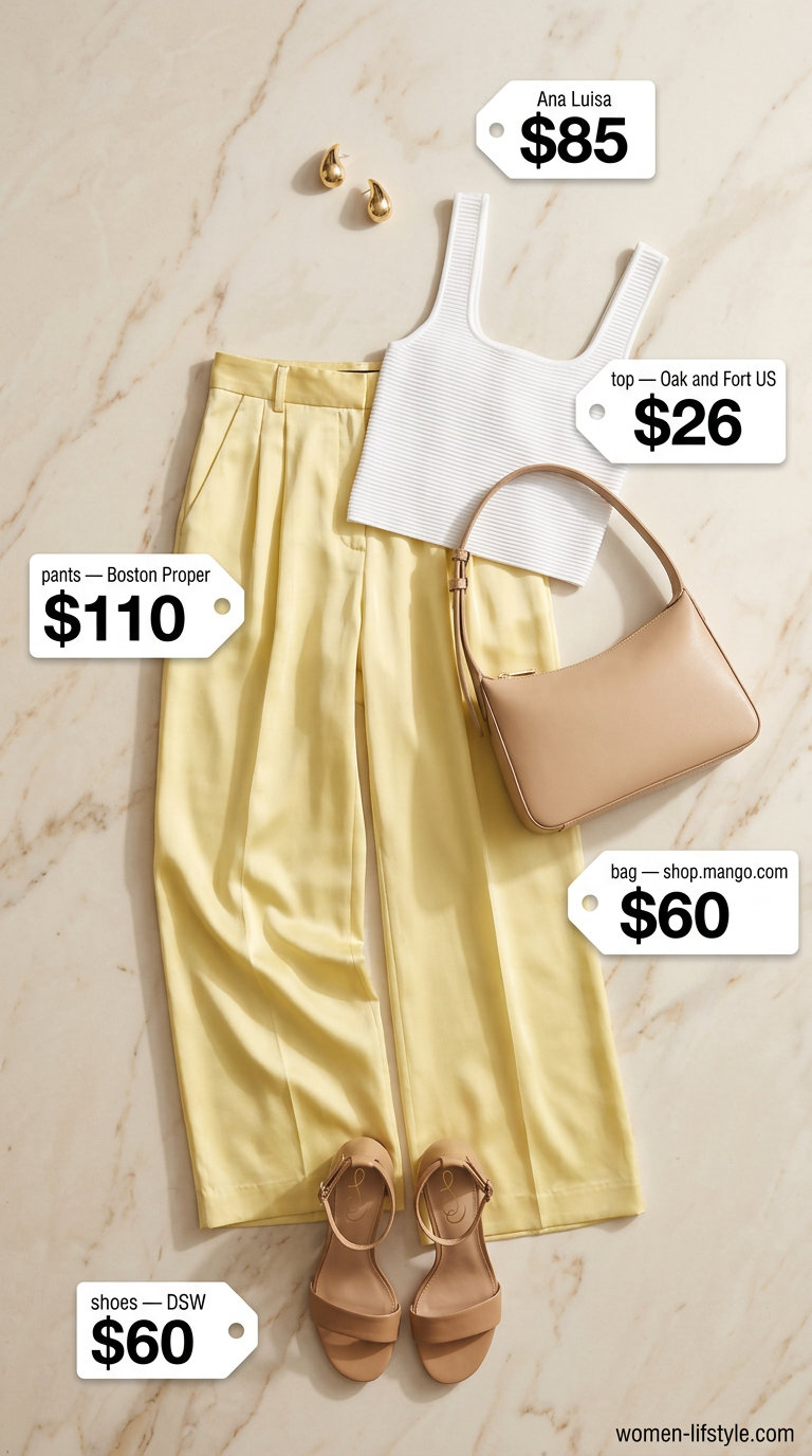 Light yellow wide leg pants with white tank and tan sandals for soft tone pastel summer outfits for women 2026.