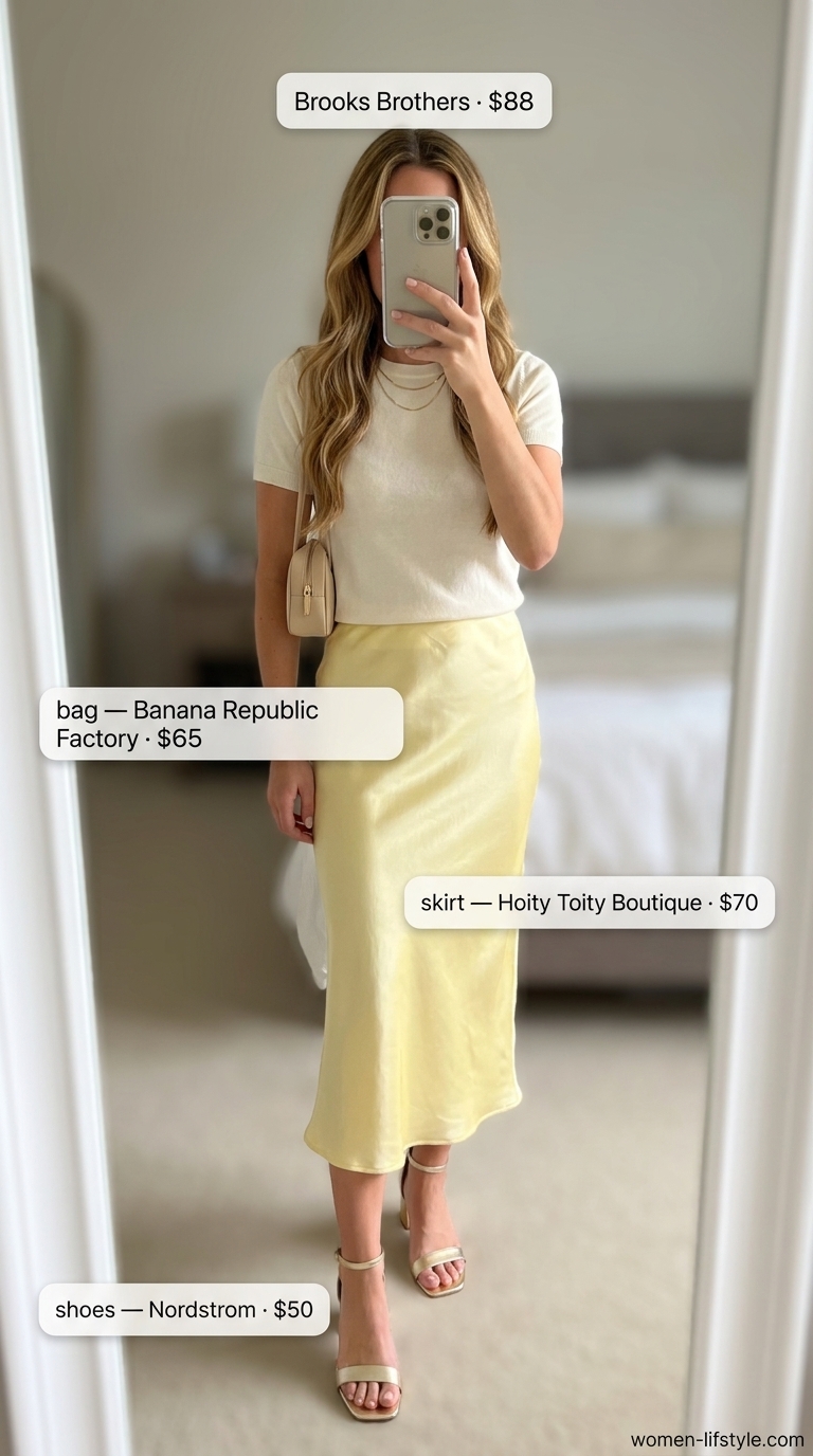 Soft tone pastel summer outfits for women 2026: Butter yellow satin skirt, cream knit sweater, gold heels, gold necklace, cream bag.