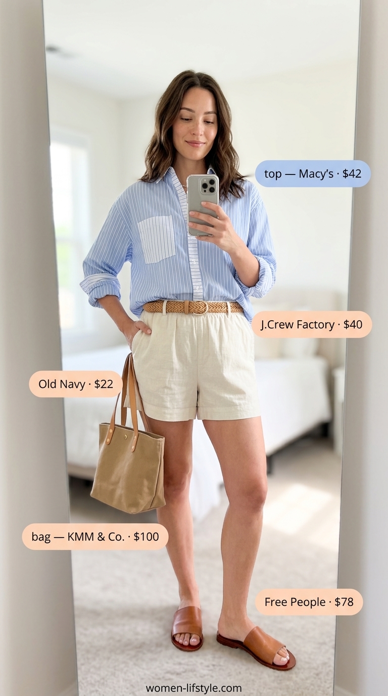 Soft tone pastel summer outfits for women 2026: Cream linen shorts, blue stripe shirt, tan slides, canvas tote, woven belt.