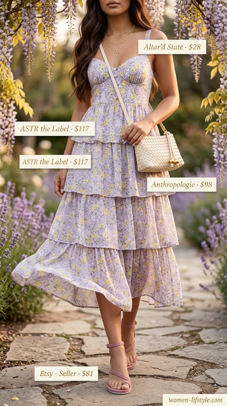 Soft tone pastel summer outfits for women 2026: Lavender floral midi dress, pink sandals, layered necklaces, woven crossbody bag.