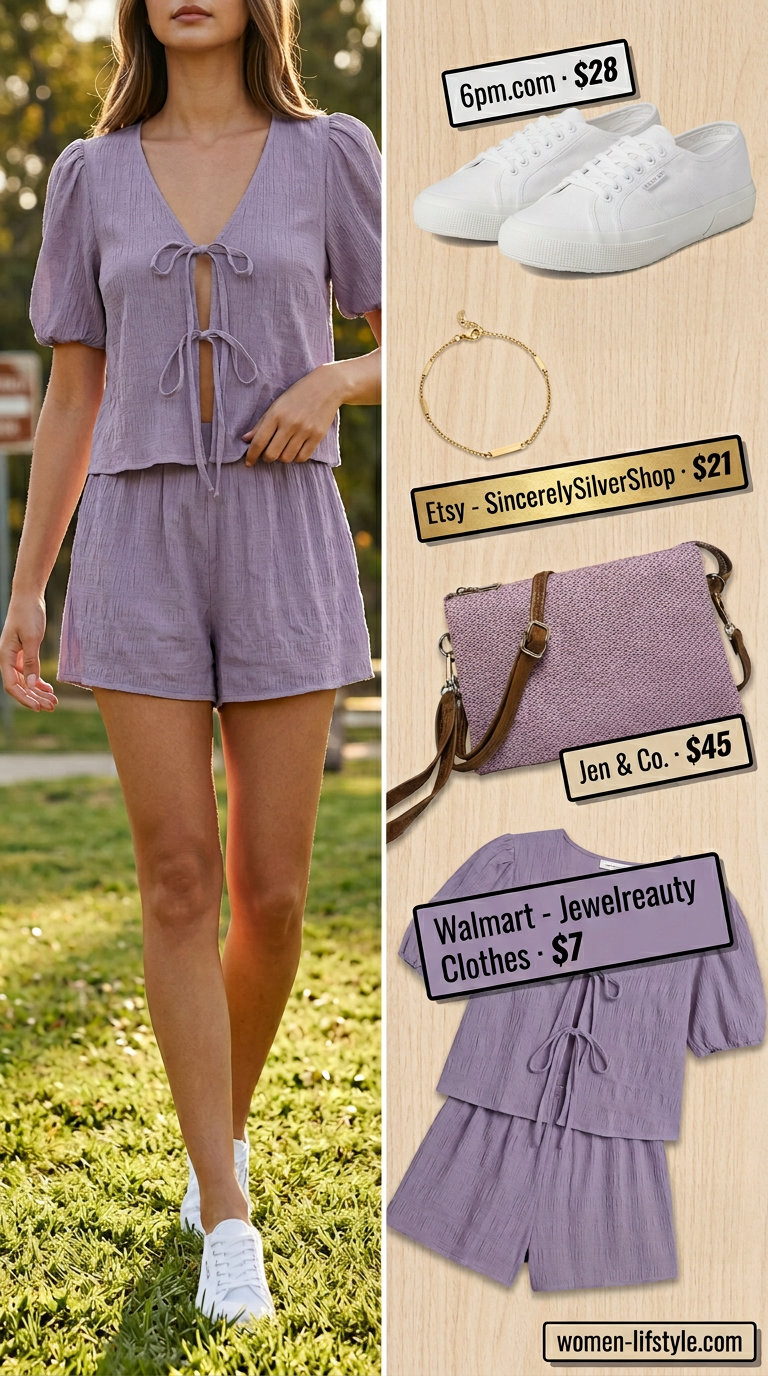 Soft tone pastel summer outfits for women 2026: Lilac linen matching set, white sneakers, gold bracelet, straw crossbody bag.