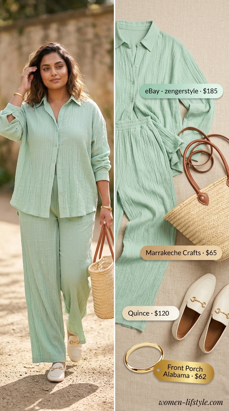 Soft tone pastel summer outfits for women 2026: Mint green linen set, tan loafers, gold bangle, woven tote bag.