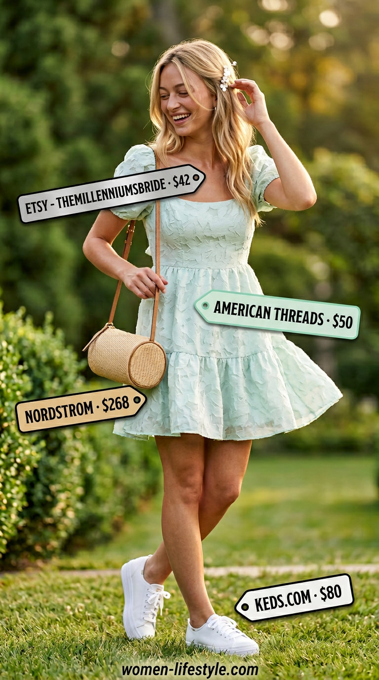 Soft tone pastel summer outfits for women 2026: Mint green sundress, white platform sneakers, straw crossbody, floral hair clip.