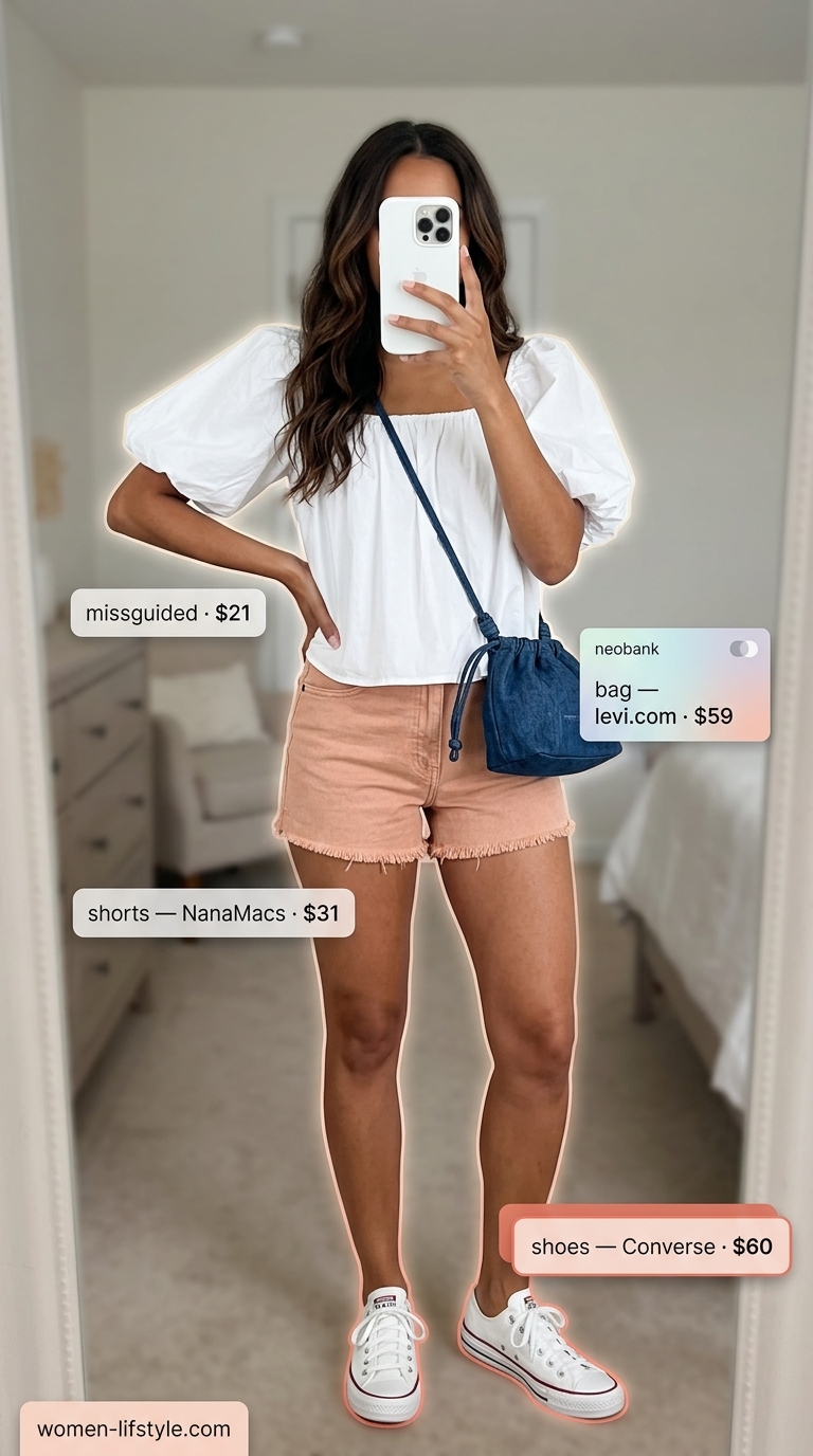 Soft tone pastel summer outfits for women 2026: Peach denim shorts, white puff sleeve top, straw hat, denim bag, white sneakers.