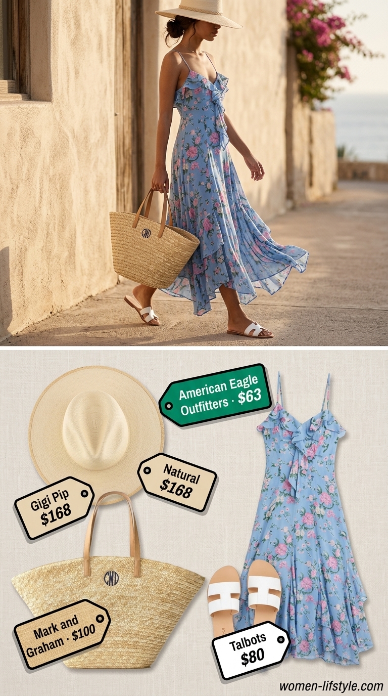 Soft tone pastel summer outfits for women 2026: Sky blue maxi dress, white slides, straw hat, woven tote bag.