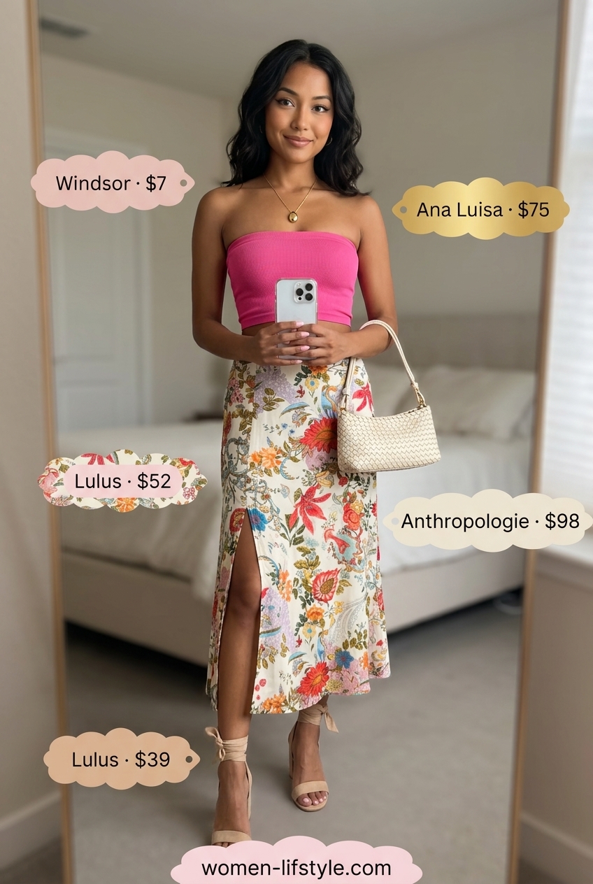 Romantic blush pink bandeau top with a floral midi skirt for a garden party. Summer Bandeau top for women 2026.