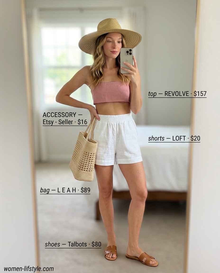Vacation coral bandeau top with linen shorts and straw accessories for summer travel 2026.