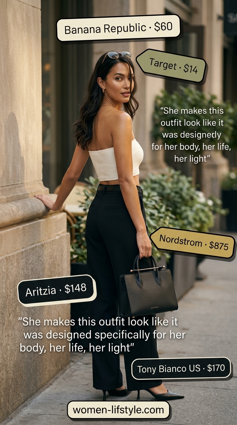 Chic cream bandeau top with black tailored trousers for a stylish brunch. Summer Bandeau top for women 2026.