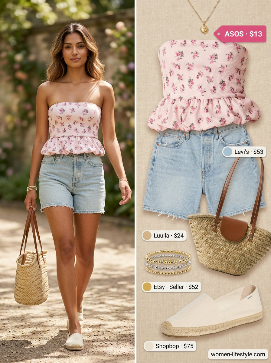 Boho floral print bandeau top with denim shorts for a casual day out. Summer Bandeau top for women 2026.