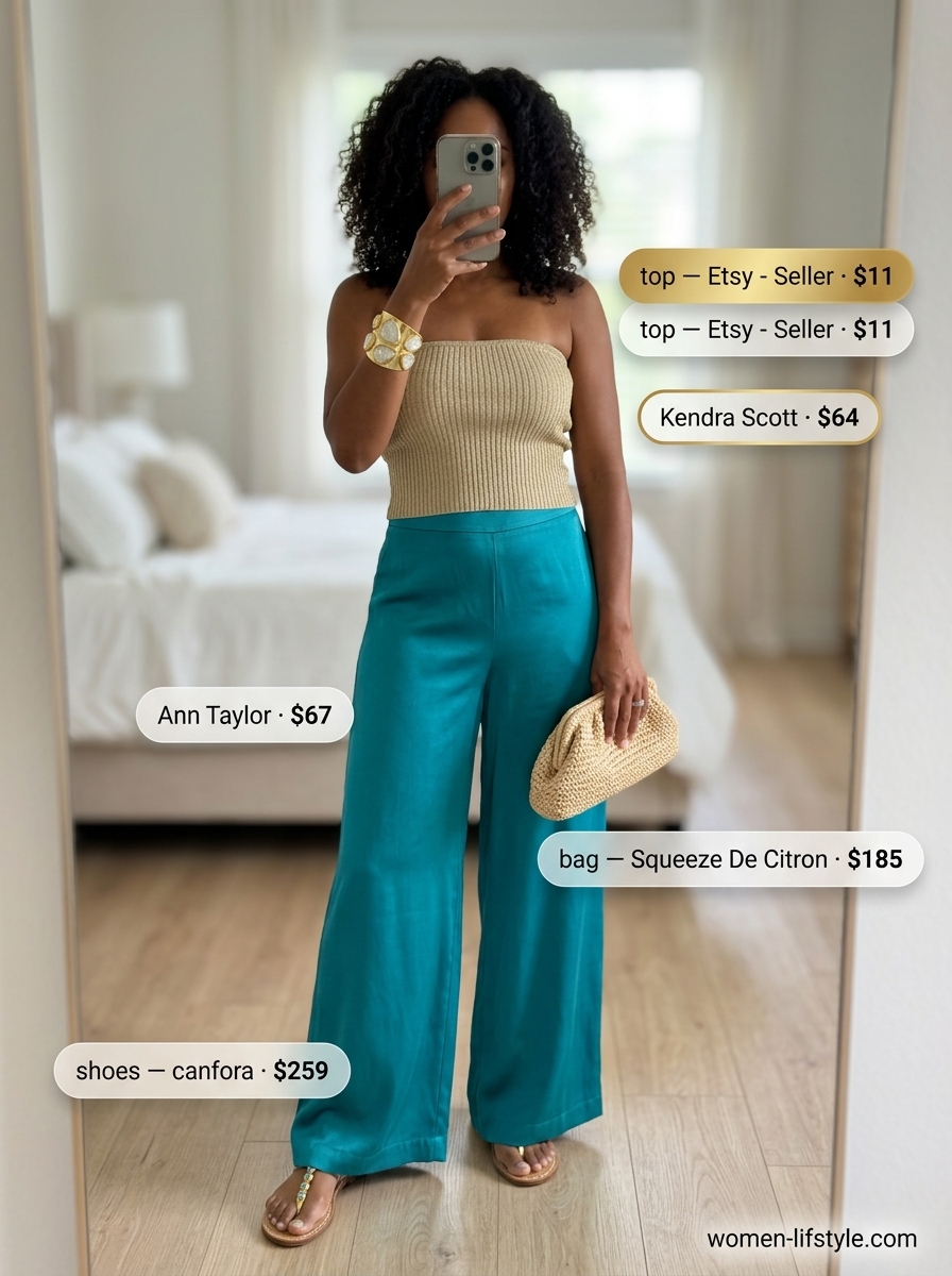 Glamorous gold bandeau top with teal palazzo pants for resort evening cocktails 2026.