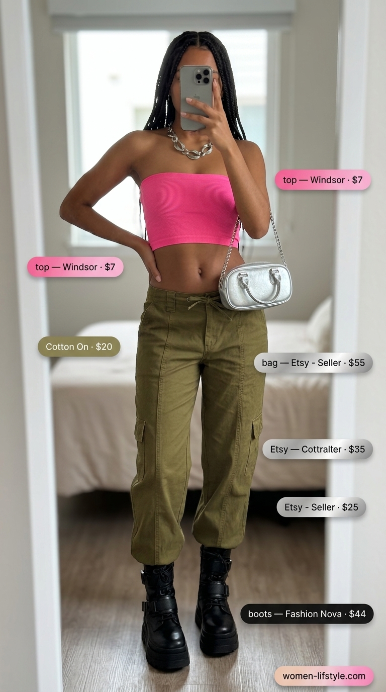 Y2K festival ready hot pink bandeau top with low-rise cargo pants. Summer Bandeau top for women 2026.