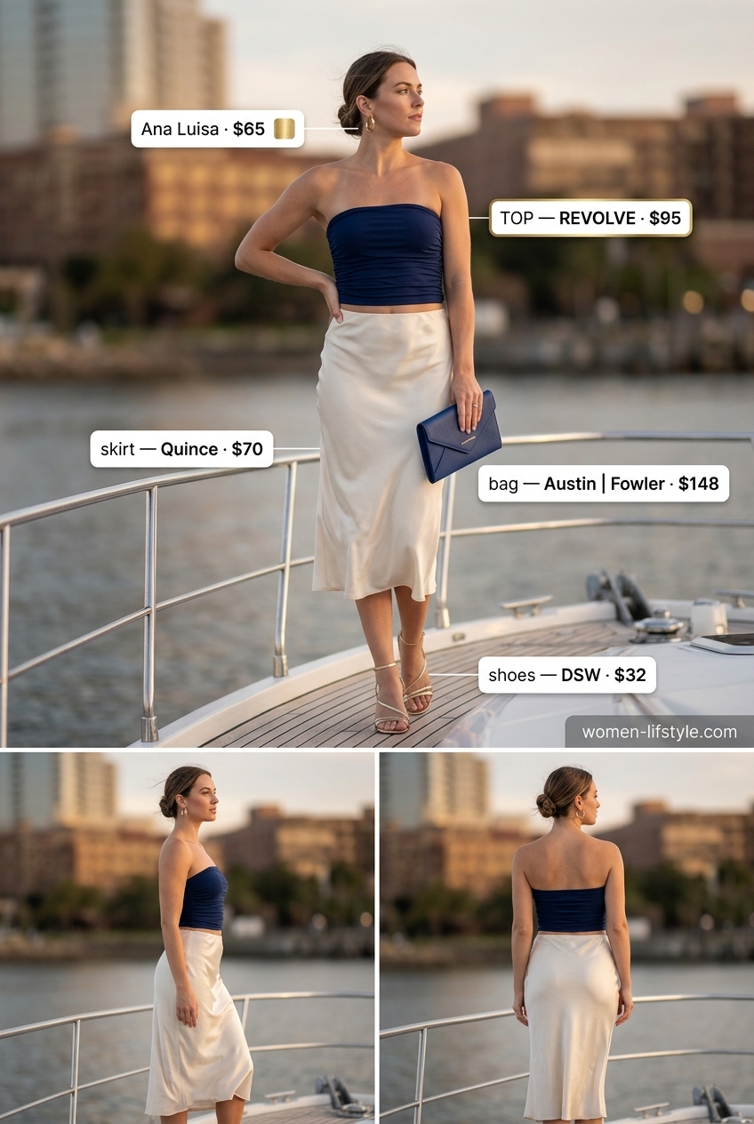 Elegant navy blue bandeau top with a cream silk midi skirt for an evening event. Summer Bandeau top for women 2026.