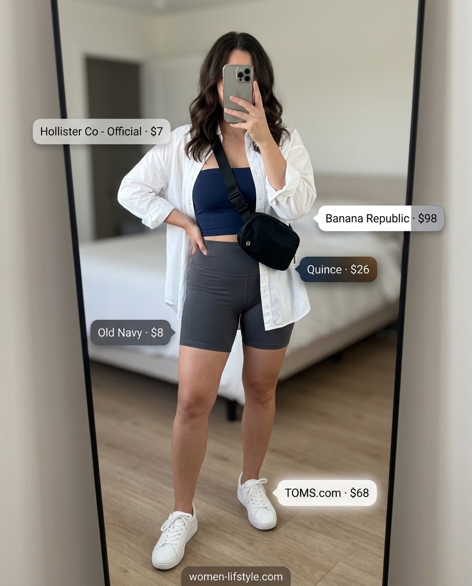 Sporty navy bandeau top layered under an open white shirt with biker shorts 2026.