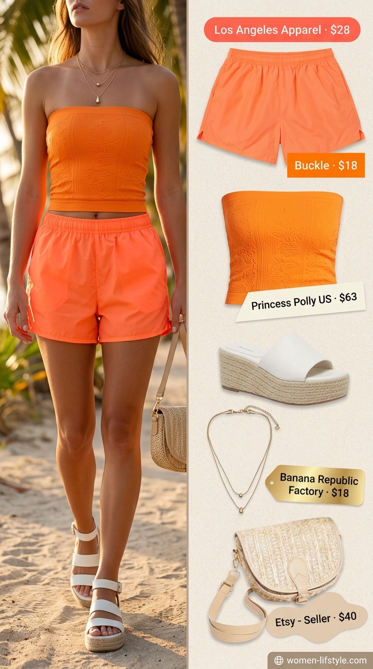 Playful fiery orange bandeau top with matching shorts for a beach day. Summer Bandeau top for women 2026.