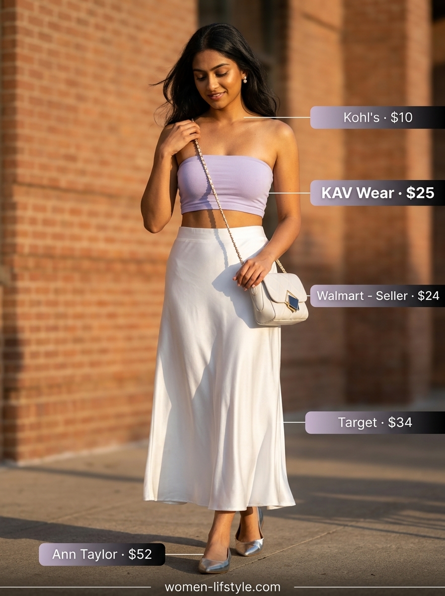 Pastel dream outfit with lilac bandeau top, white midi skirt, and silver ballet flats.
