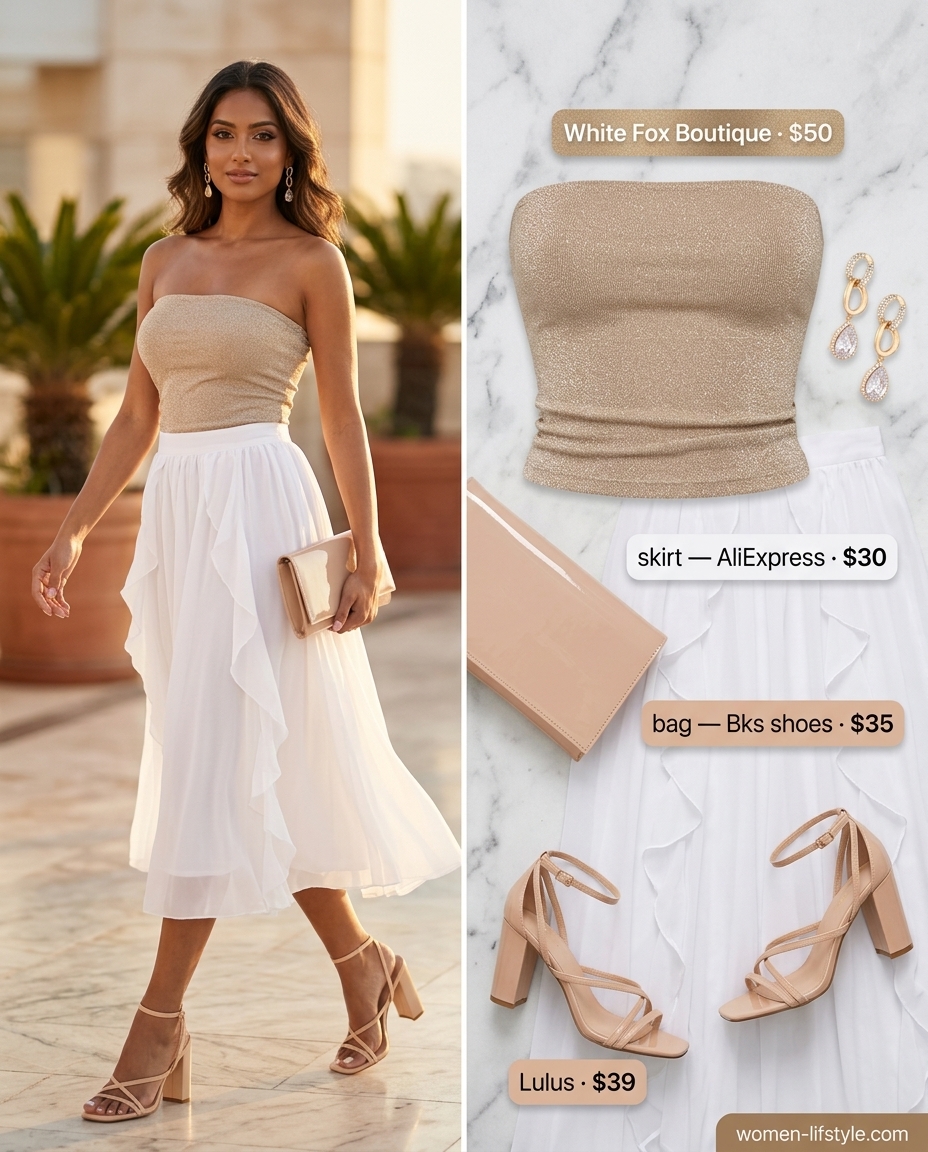 Poolside glamour outfit with metallic gold bandeau top, white maxi skirt, and nude heels.