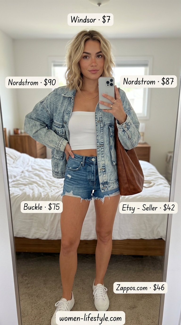 Retro denim outfit with medium wash shorts, white bandeau top, oversized denim jacket, and sneakers.