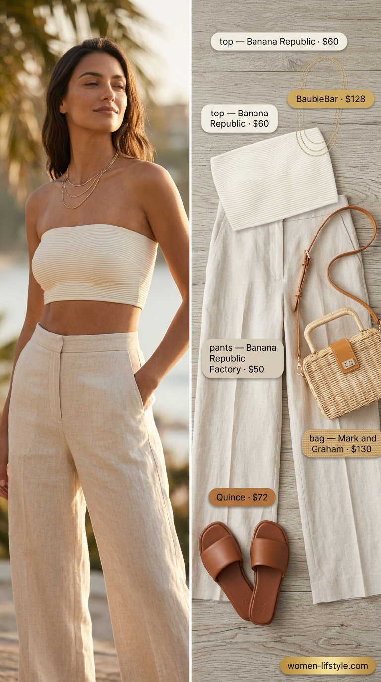 Sunset Riviera chic outfit with cream bandeau top, beige linen trousers, and straw crossbody.