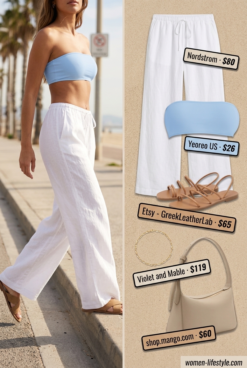Serene sky blue bandeau top with white linen pants for seaside lunch 2026.