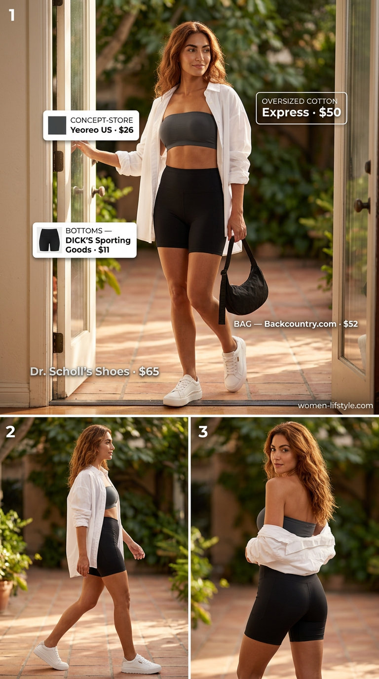 Sporty athleisure outfit with charcoal bandeau top, biker shorts, and oversized white shirt.