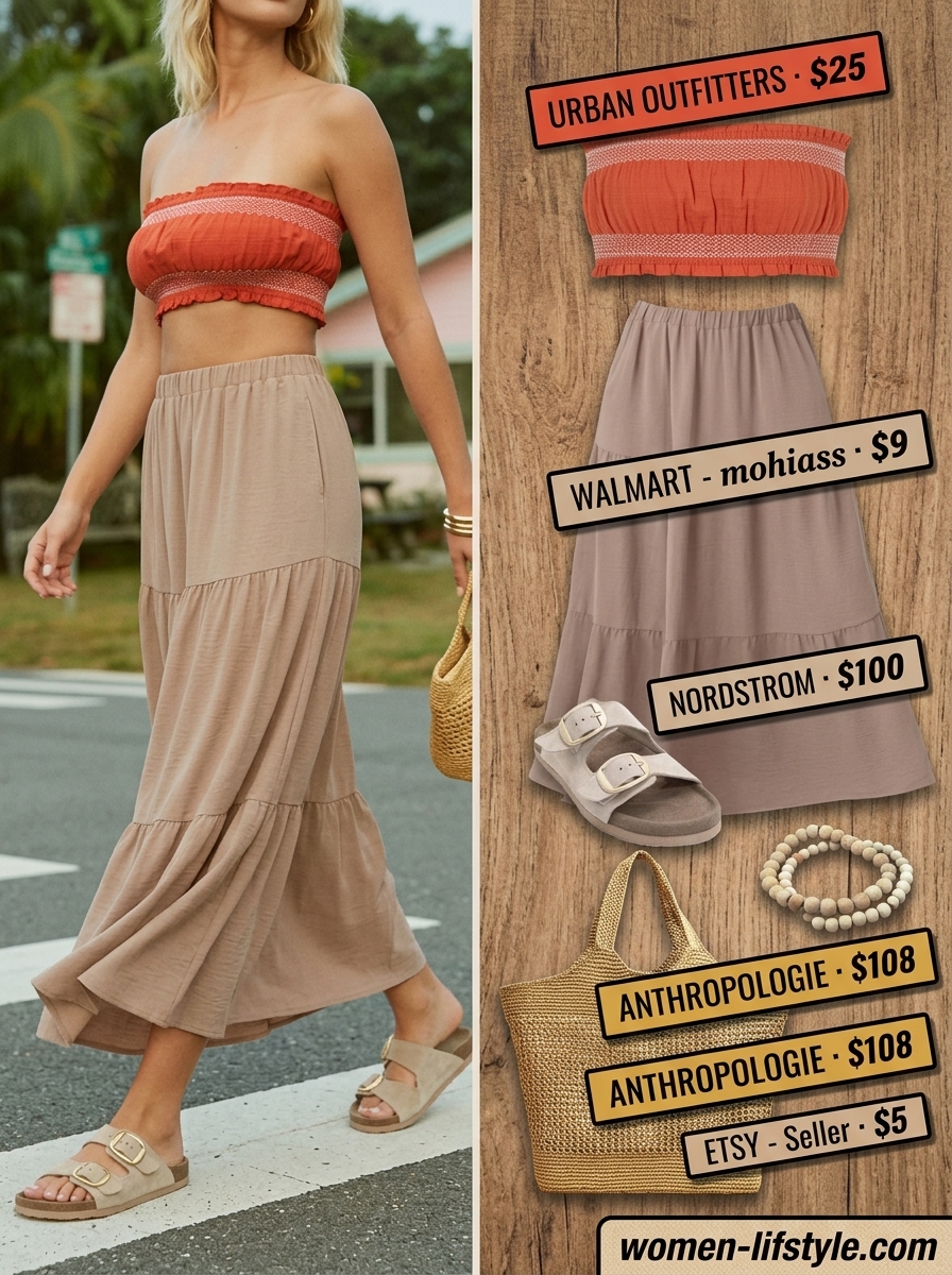 Bohemian terracotta bandeau top with a tiered maxi skirt for warm evenings 2026.