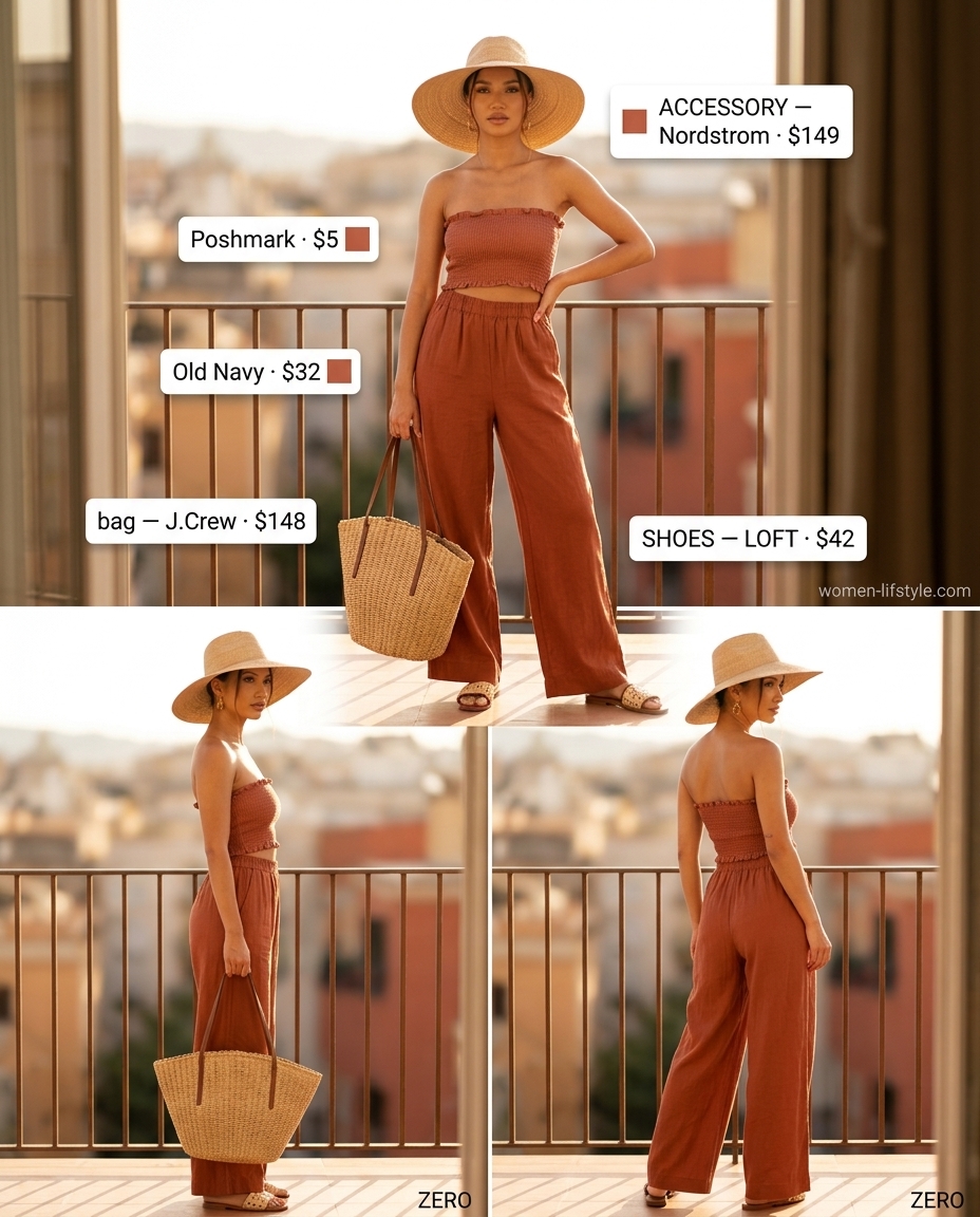 Vacation ready linen set with terracotta bandeau top, wide-leg pants, straw tote, and sun hat.