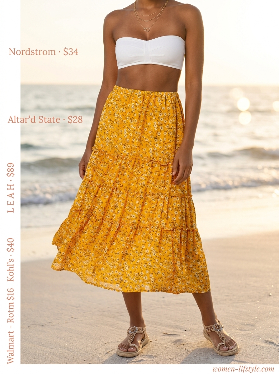 Relaxed white bandeau top with a vibrant floral maxi skirt for beach days 2026.