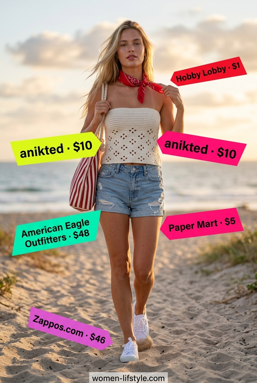 Retro white crochet bandeau top with denim shorts for a beach day. Summer Bandeau top for women 2026.