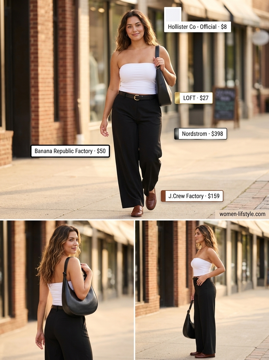 Minimalist white bandeau top with black wide-leg trousers for a polished look. Summer Bandeau top for women 2026.