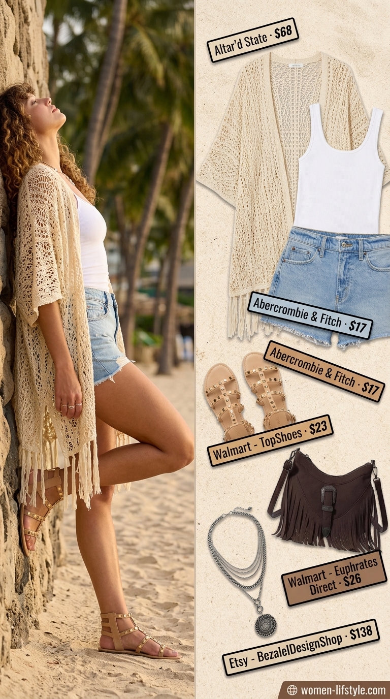 Bohemian crochet kimono outfit for beach festivals and resort looks in 2026.