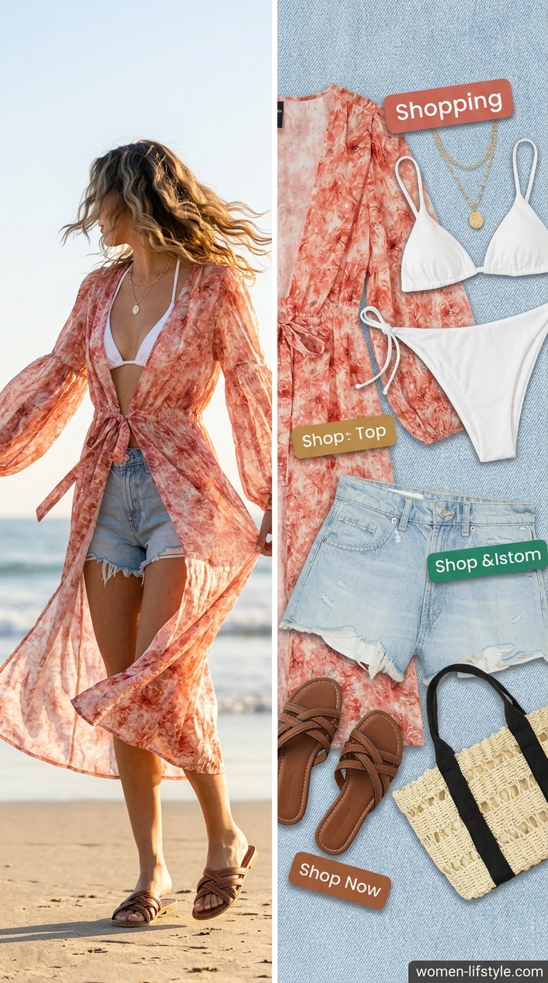 Boho coral floral kimono outfit for a relaxed beach day or resort exploration in 2026.