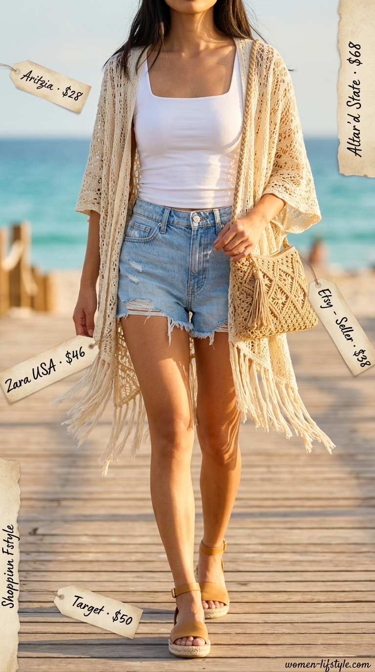 Boho crochet kimono outfit for beach days and flea market browsing in 2026.