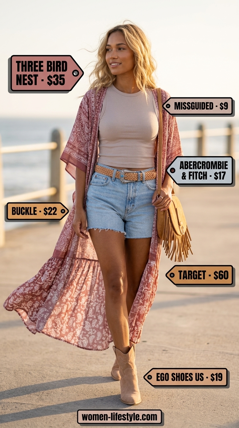 Dusty rose paisley kimono outfit for coastal road trips and concerts in 2026.