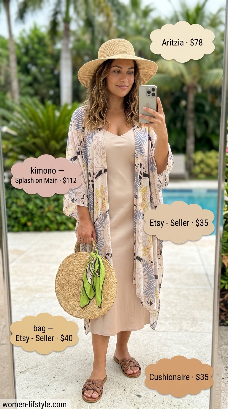 Romantic summer beach kimono outfits 2026: Blush pink floral kimono over satin slip dress, straw hat & basket bag.