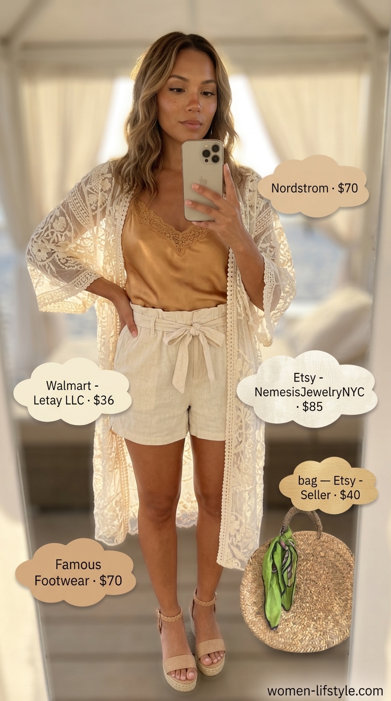 Effortless summer beach kimono outfits 2026: White embroidered kimono with linen shorts, camisole, and straw bag.