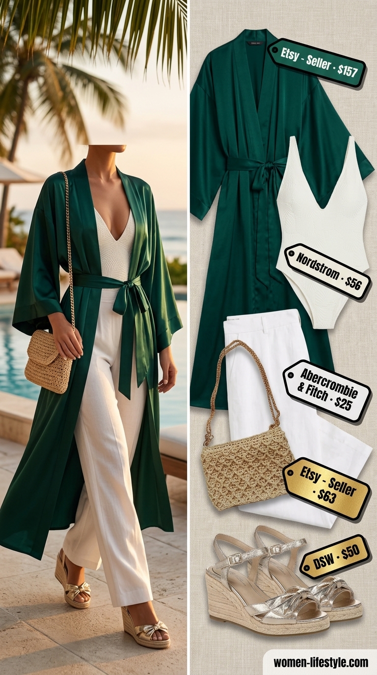 Emerald green kimono outfit for resort pool parties and sunset cocktails in 2026.
