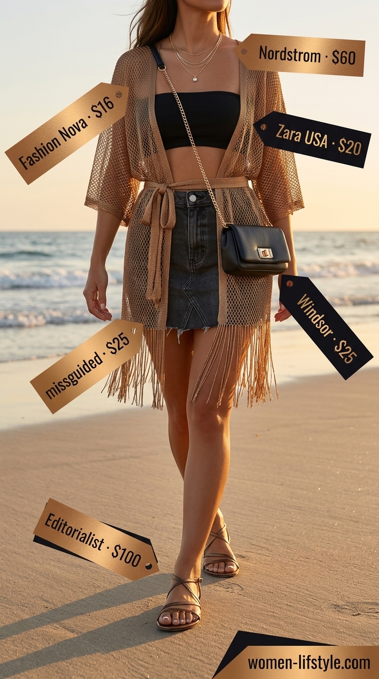 Playful bronze metallic kimono outfit for a beach club party or sunset gathering in 2026.