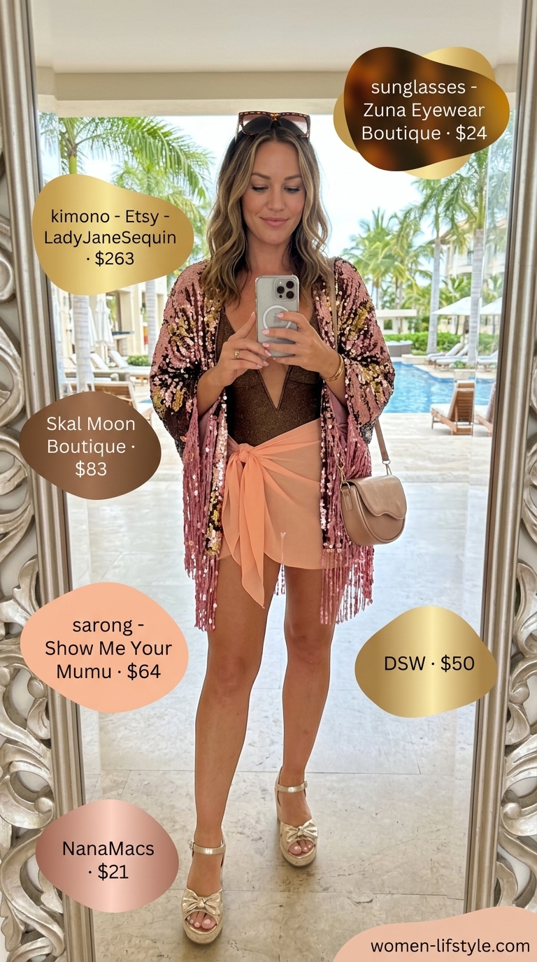 Glamorous sunset ombre sequin kimono outfit for a beach party or poolside event in 2026.