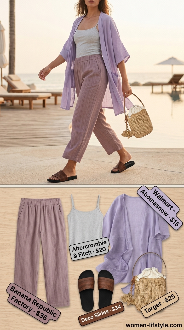 Soft lavender knit kimono outfit for sunset lounges and casual resort dinners in 2026.