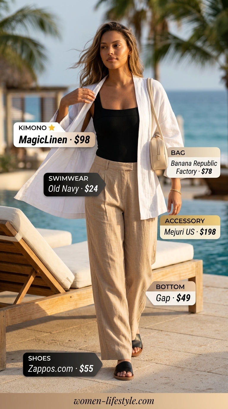 Modern minimalist white linen kimono outfit for a luxury resort or elegant brunch in 2026.