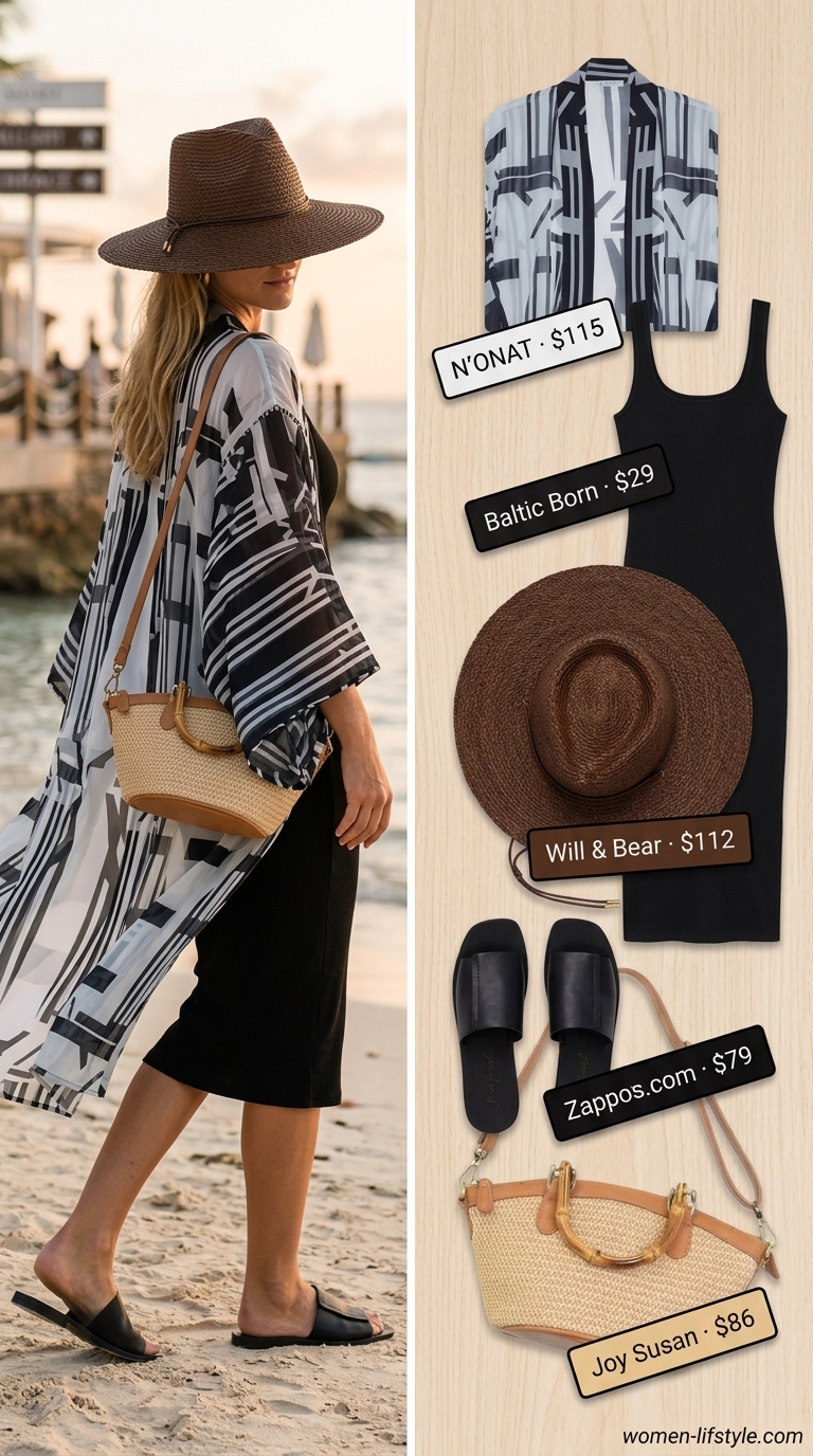 Modern summer beach kimono outfits 2026: Black geometric kimono over tank dress, straw hat, leather sandals & straw bag.