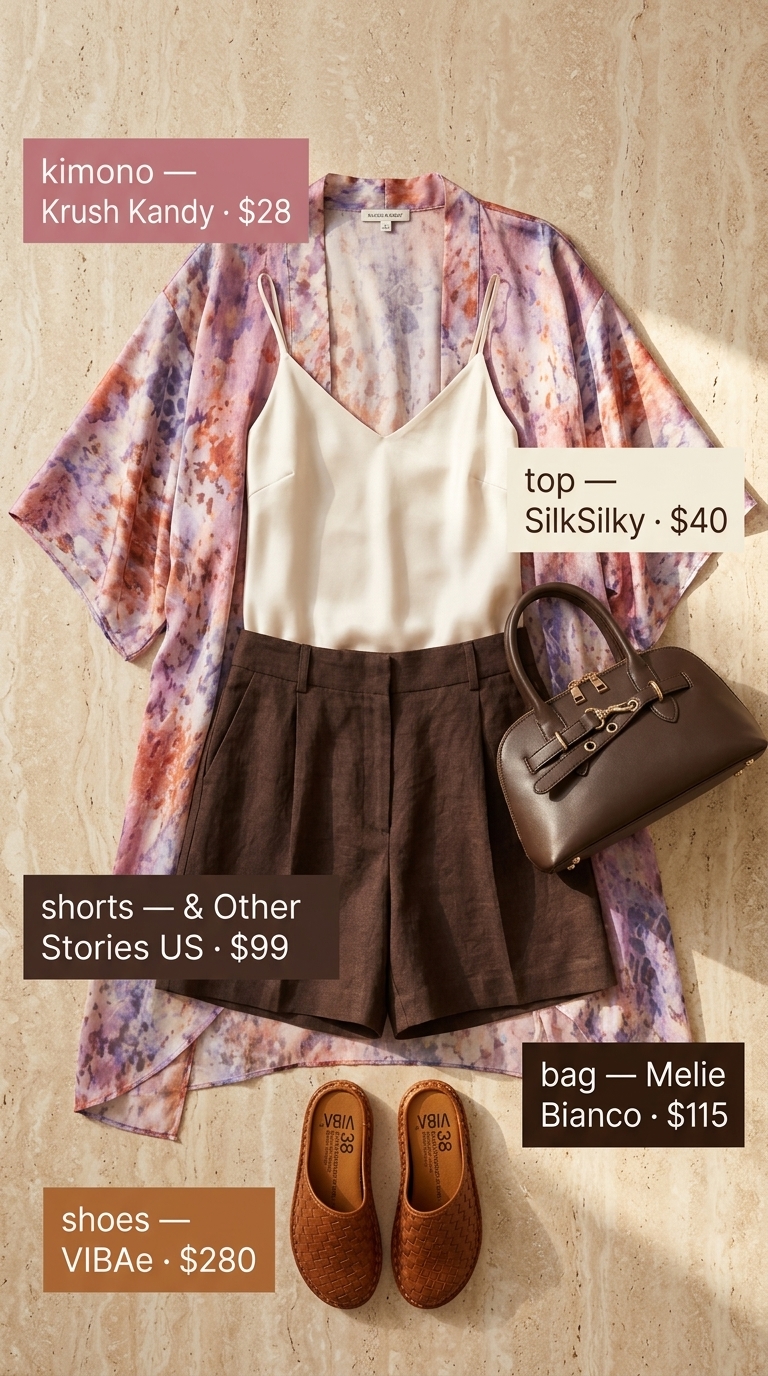 Polished dusty rose abstract print kimono outfit for resort breakfast or casual day out in 2026.