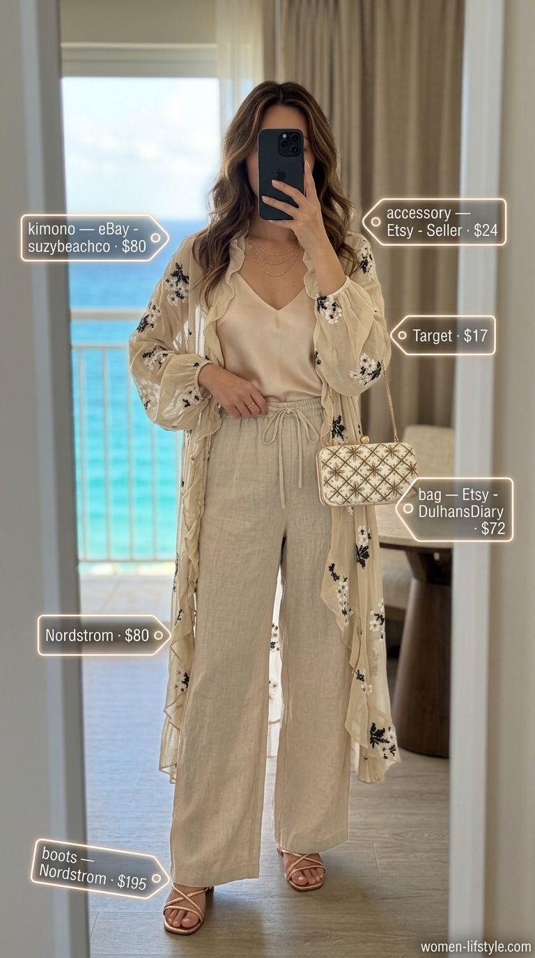 Ivory linen kimono outfit for resort dinners and evening events in 2026. Sophisticated style.