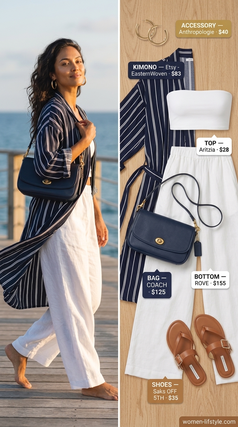 Chic navy blue striped kimono outfit for a yacht day or seaside lunch in 2026.
